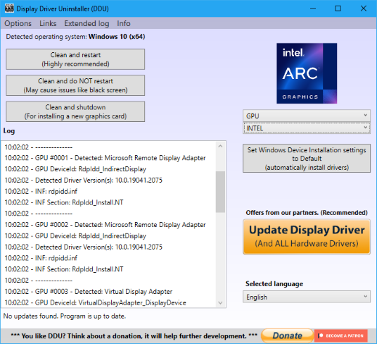 Display Driver Uninstaller (DDU) workspace after leftover GPU drivers are cleared